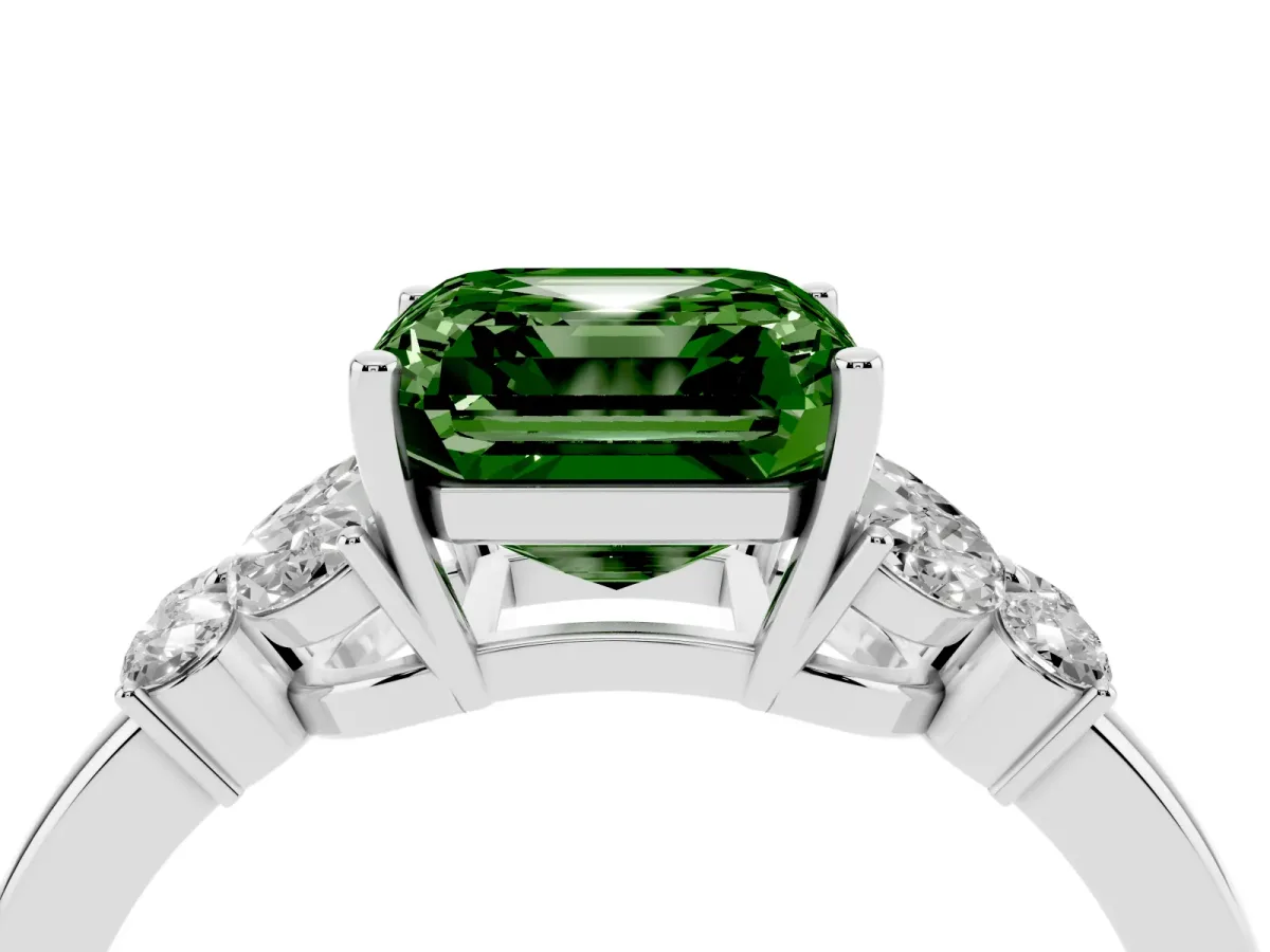 Fancy Green Asscher Cut Cut Solitaire Floral Diamond Ring with Four-Prong Setting Silver