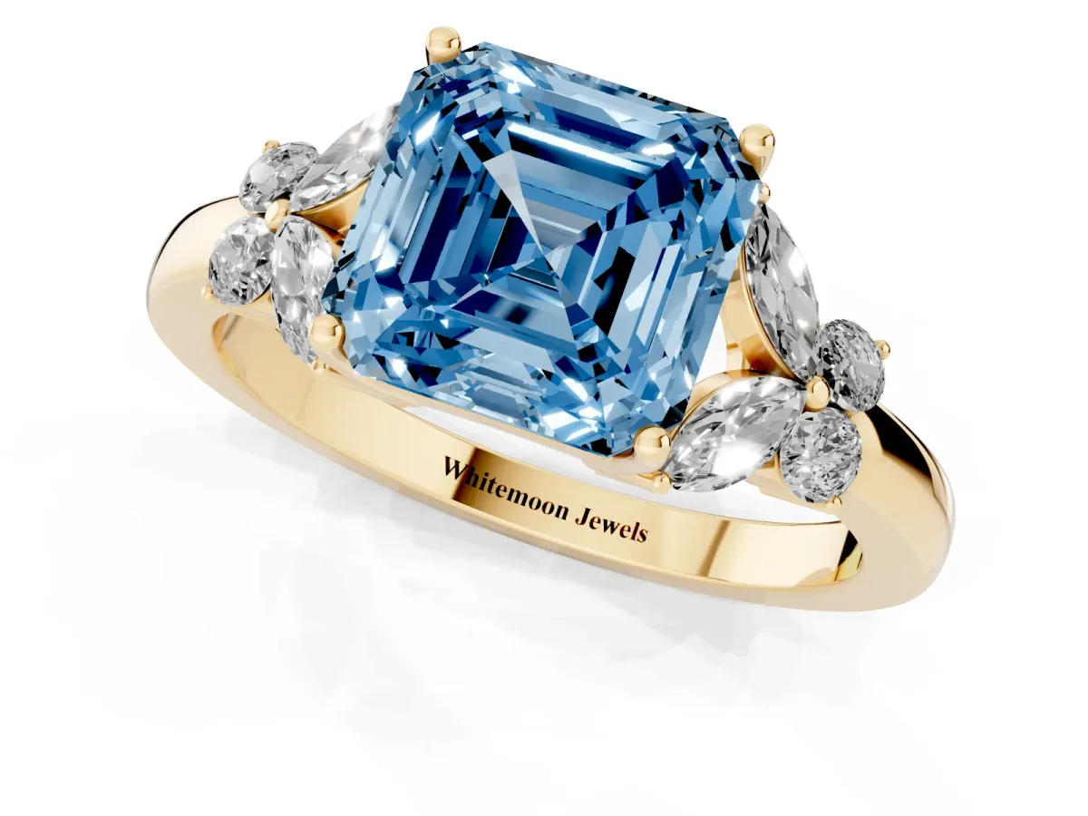 Fancy Blue Asscher Cut Cut Solitaire Floral Diamond Ring with Four-Prong Setting Yellow gold