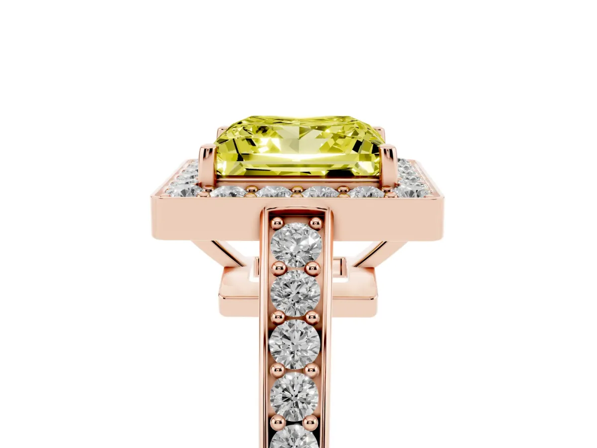 Fancy Yellow Princess Cut Halo Pavé Diamond Engagement Ring with Bezel Setting Rose gold