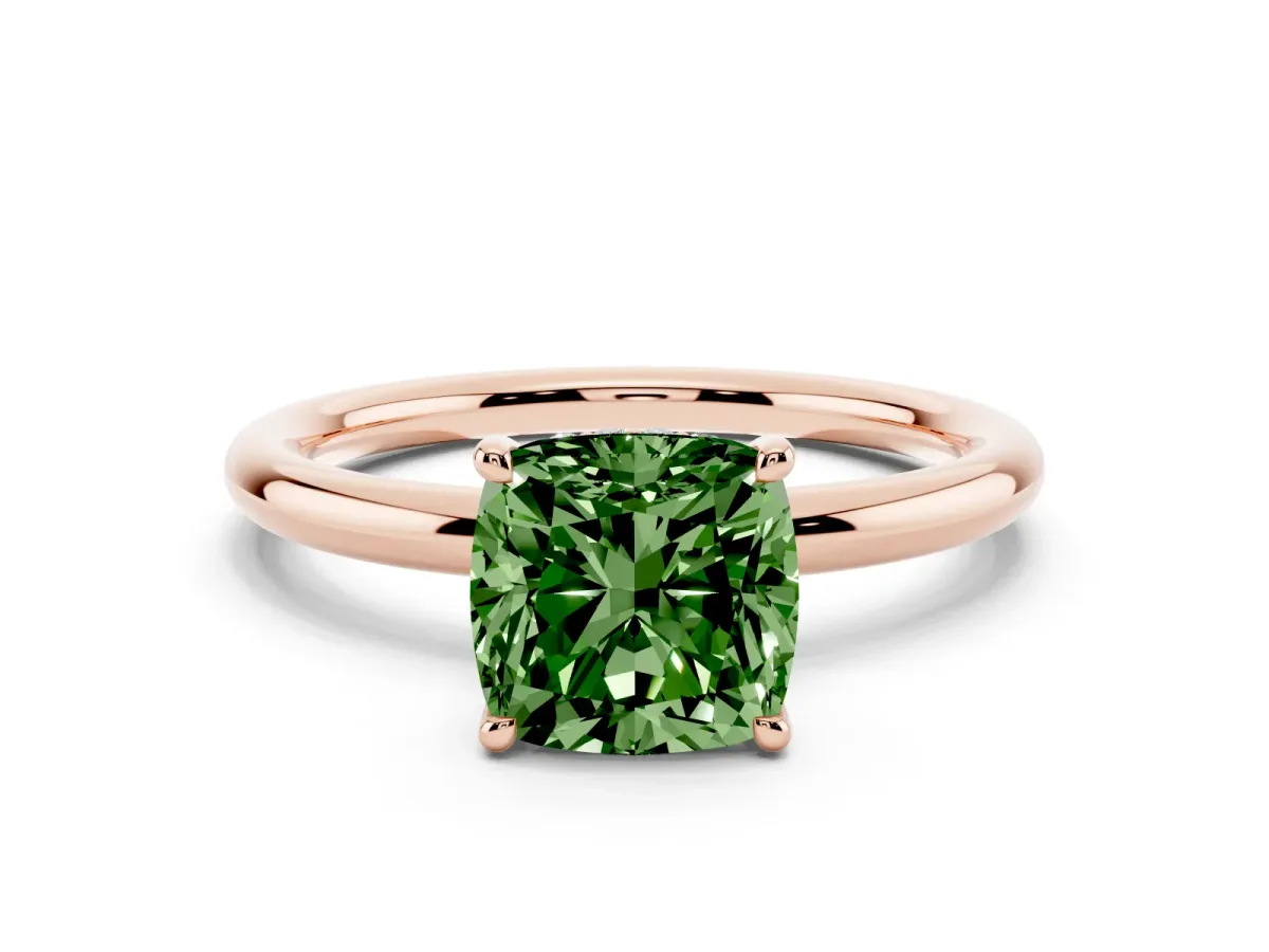 Fancy Green Cushion Cut Diamond Solitaire Ring with Thin Band and Four-Prong Setting Rose gold