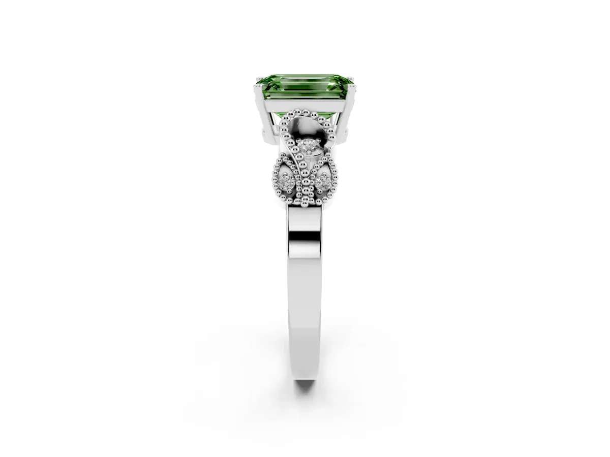 Fancy Green Emerald Cut Solitaire Milgrain Leaf Band with Prong Setting Silver