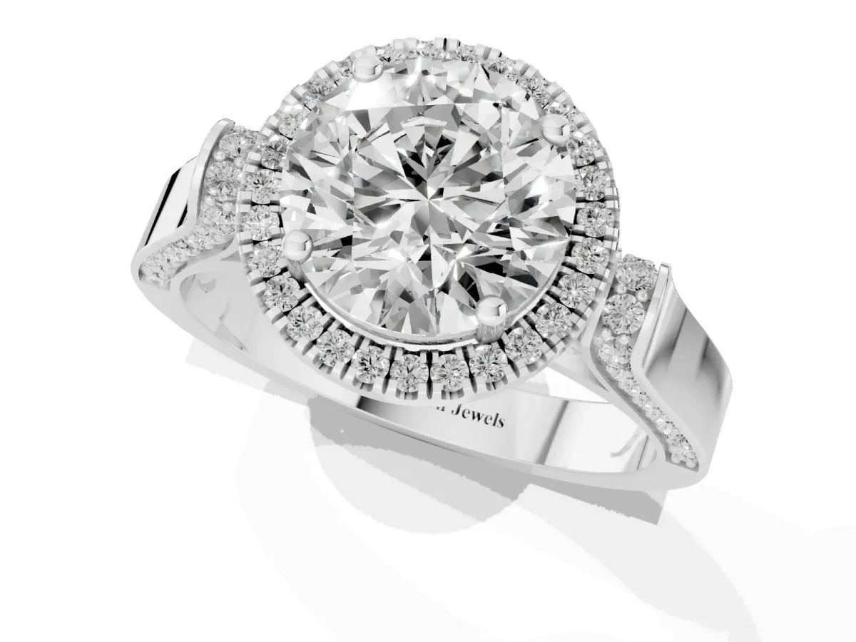 Round Cut Halo Round Diamond Twist Band with Four-Prong Setting Silver