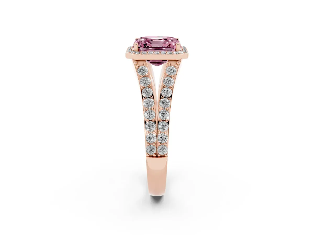Fancy Pink Asscher Cut Diamond Split Shank Halo Ring with Four-Prong Setting Rose gold