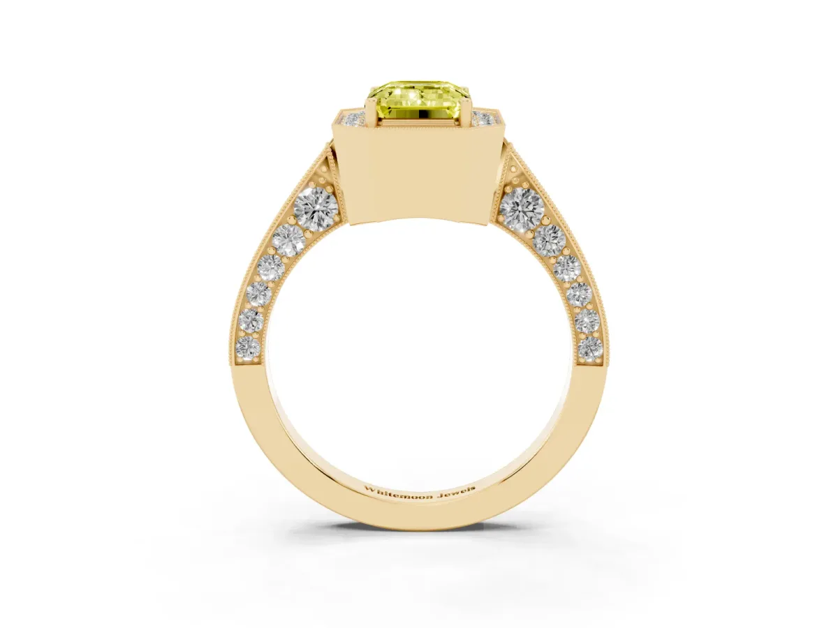 Fancy Yellow Emerald Cut Halo Diamond Engagement Ring with Split Shank Band and Four-Prong Setting Yellow gold