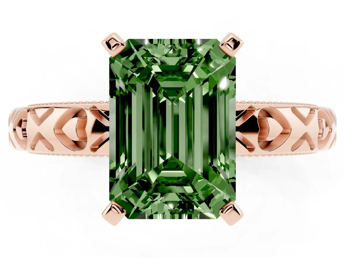 Fancy Green Emerald Cut Solitaire Diamond Engagement Ring with XO Engraved Band and Four-Prong Setting Rose gold