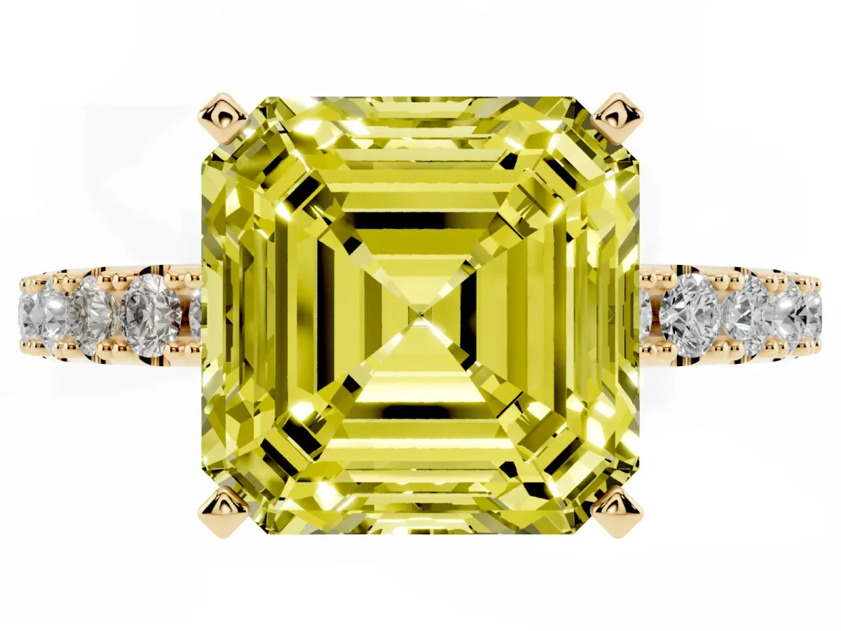 Fancy Yellow Asscher Cut Diamond Solitaire Pavé Band with Four-Prong Setting Yellow gold