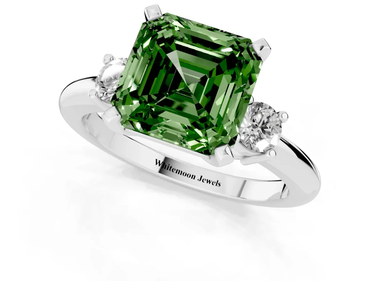 Fancy Green Three-Stone Princess Cut Cut Diamond Solitaire with Prong Setting and Classic Band White gold