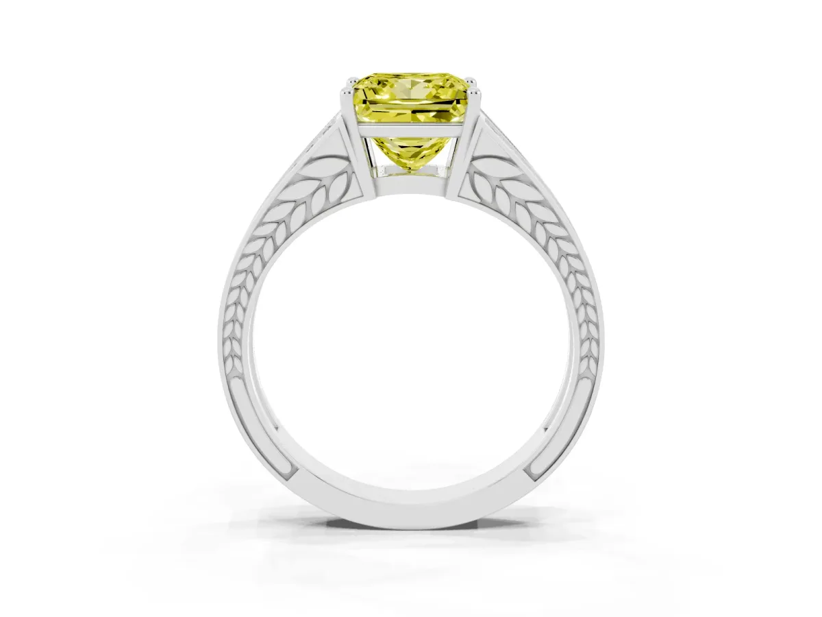 Fancy Yellow Princess Cut Diamond Split Shank Ring with Pavé Band and Four-Prong Setting White gold