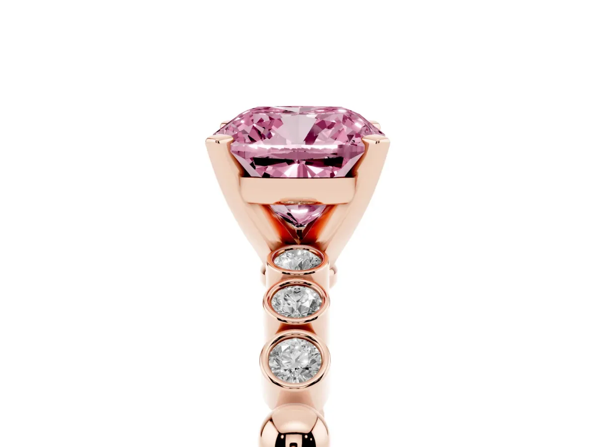 Fancy Pink Cushion Cut Solitaire Bezel Accent Diamond Engagement Ring with Beaded Band and Four-Prong Setting Rose gold