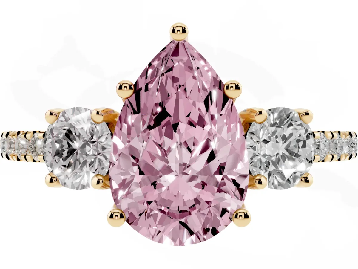 Fancy Pink Three-Stone Pear Cut Cut Diamond Pavé Band with Prong Setting Yellow gold