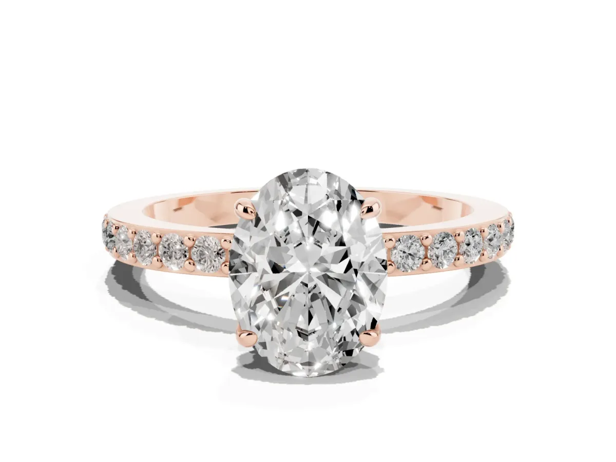 Oval Cut Diamond Pavé Engagement Ring with Round Accents and Prong Setting Rose gold