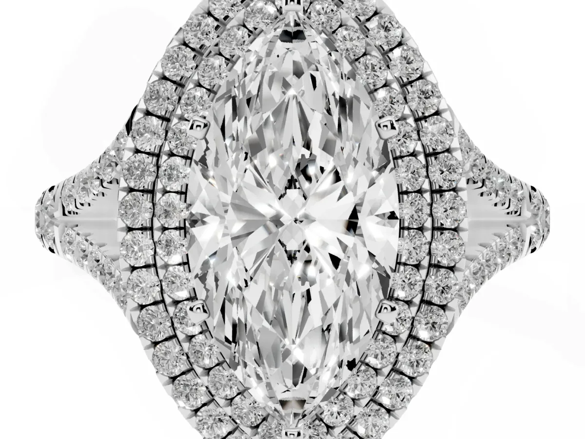 Marquise Cut Diamond Pavé Split Shank Double Halo Engagement Ring Silver