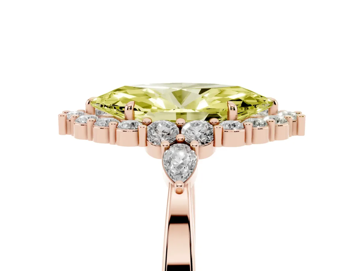 Fancy Yellow Marquise Cut Diamond Halo Ring with Pear Side Stones and Prong Setting Rose gold