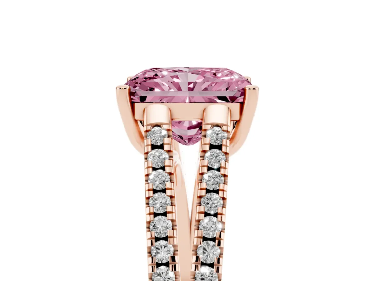 Fancy Pink Radiant Cut Diamond Solitaire Engagement Ring with Split Shank Pavé Band Rose gold
