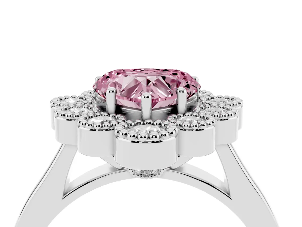 Fancy Pink Heart Cut Halo Diamond Cluster Engagement Ring with Milgrain Bezel Setting and Solitaire Band White gold