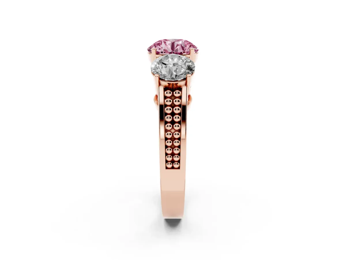 Fancy Pink Round Cut Diamond Three-Stone Ring with Prong Setting and Textured Band Rose gold