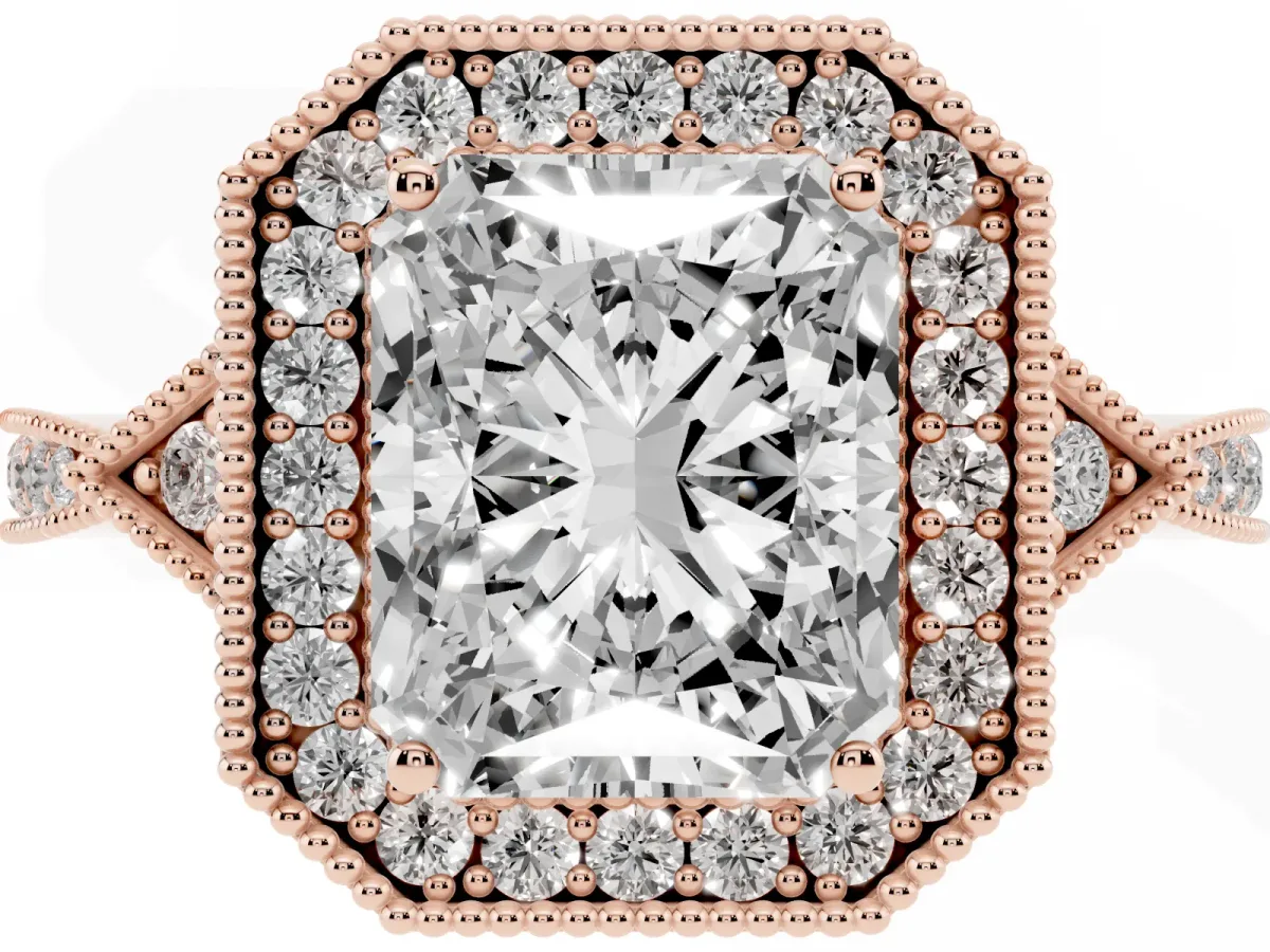 Radiant Cut Halo Round Diamond Milgrain Pave Engagement Ring Rose gold