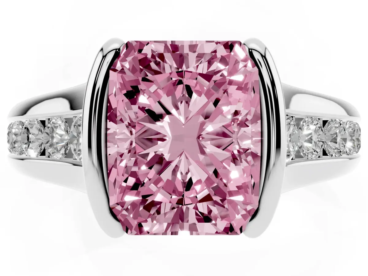 Fancy Pink Radiant Cut Solitaire Bezel-Set Diamond Ring with Channel-Set Band Silver