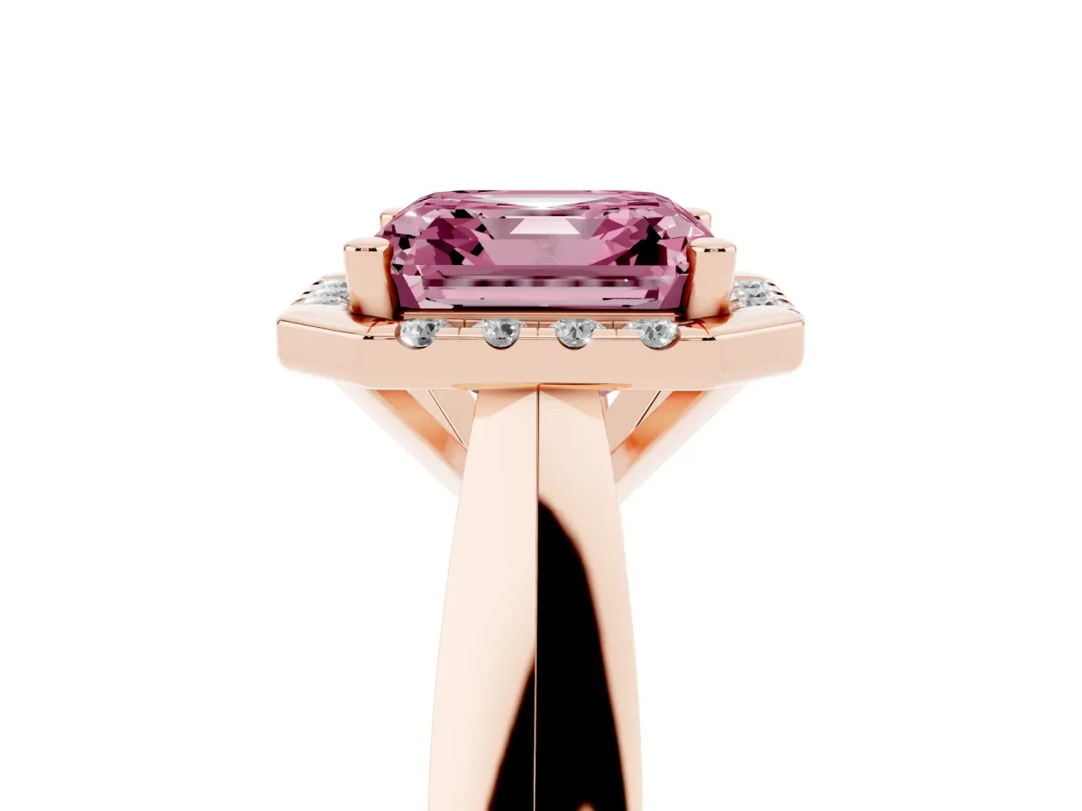 Fancy Pink Asscher Cut Cut Halo Solitaire Engagement Ring with Square Band and Four-Prong Setting Rose gold