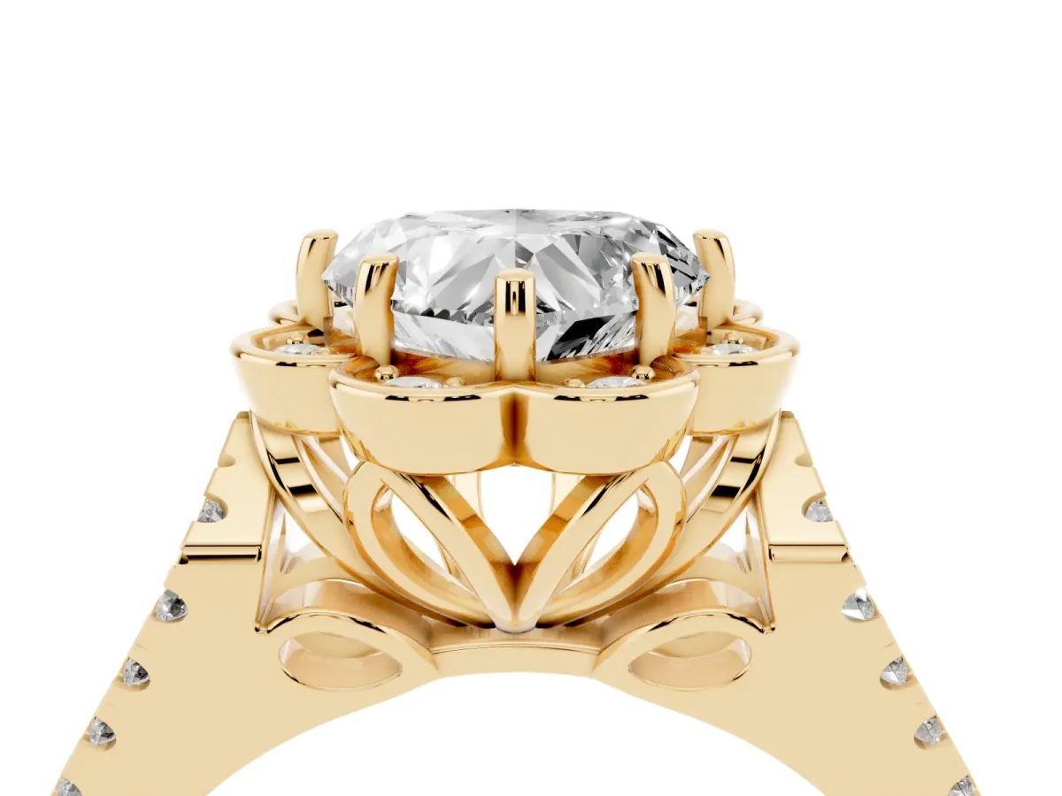 Heart Cut Halo Diamond Floral Split Shank Engagement Ring Yellow gold