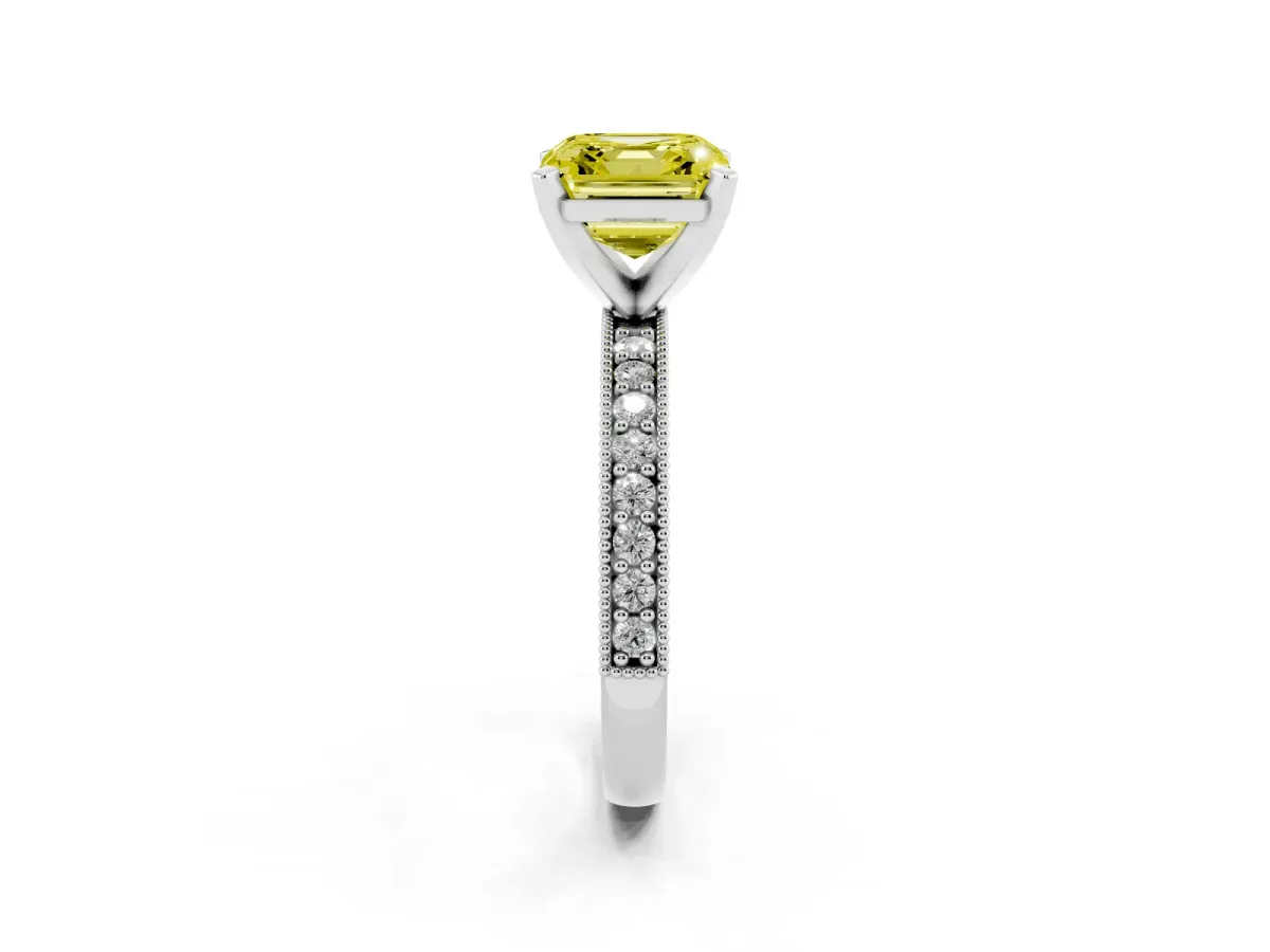 Fancy Yellow Asscher Cut Diamond Milgrain Pavé Engagement Ring with Four-Prong Setting Silver