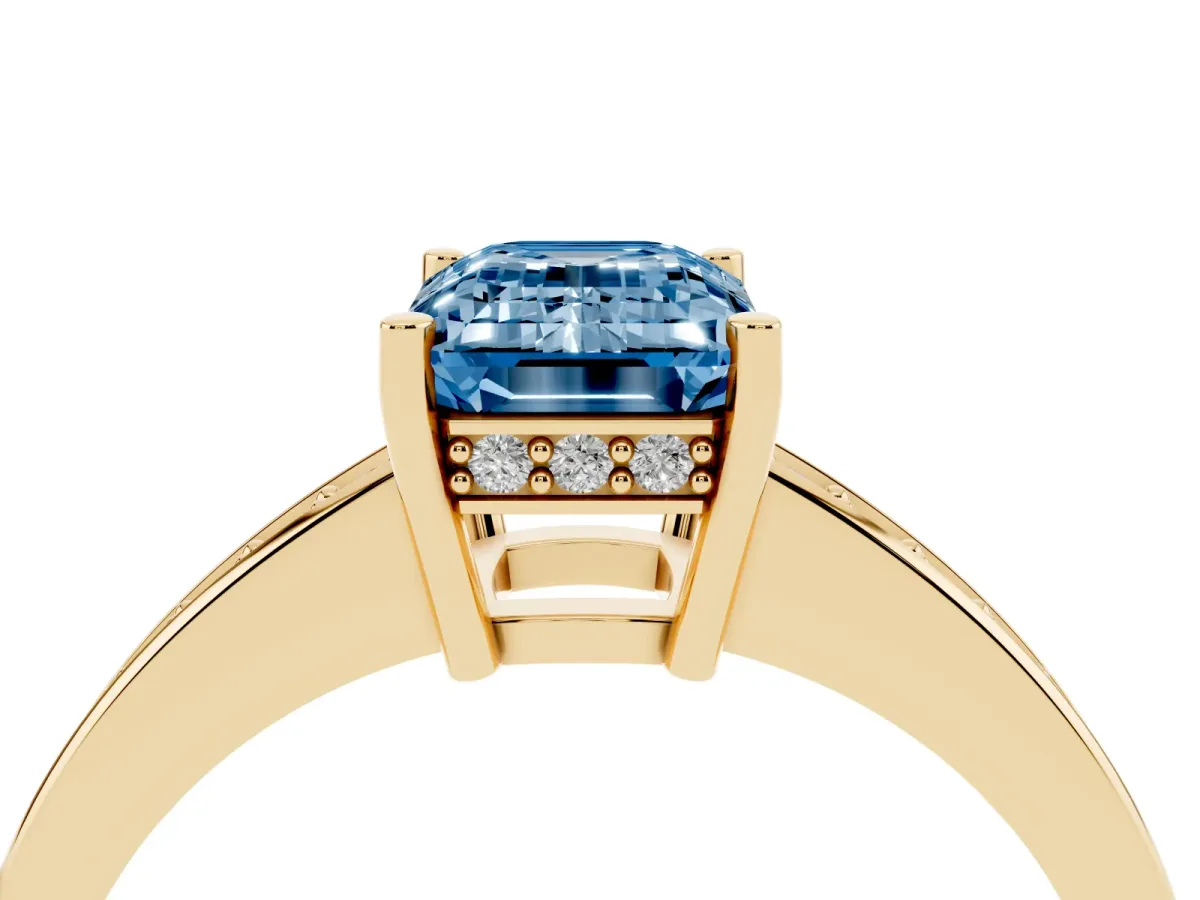 Fancy Blue Emerald Cut Solitaire Pavé Band Prong Setting Ring Yellow gold