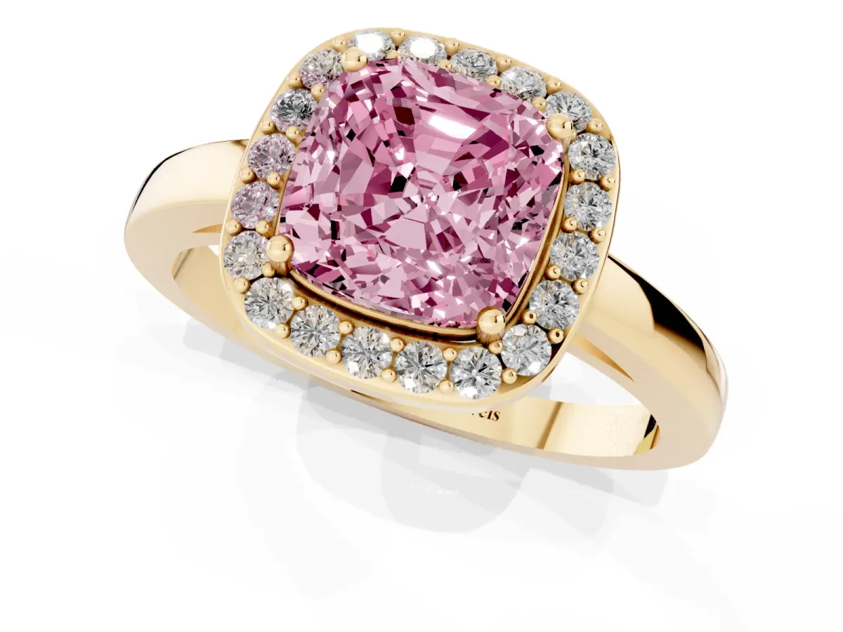 Fancy Pink Cushion Cut Halo Diamond Ring with Solitaire Band and Prong Setting Yellow gold