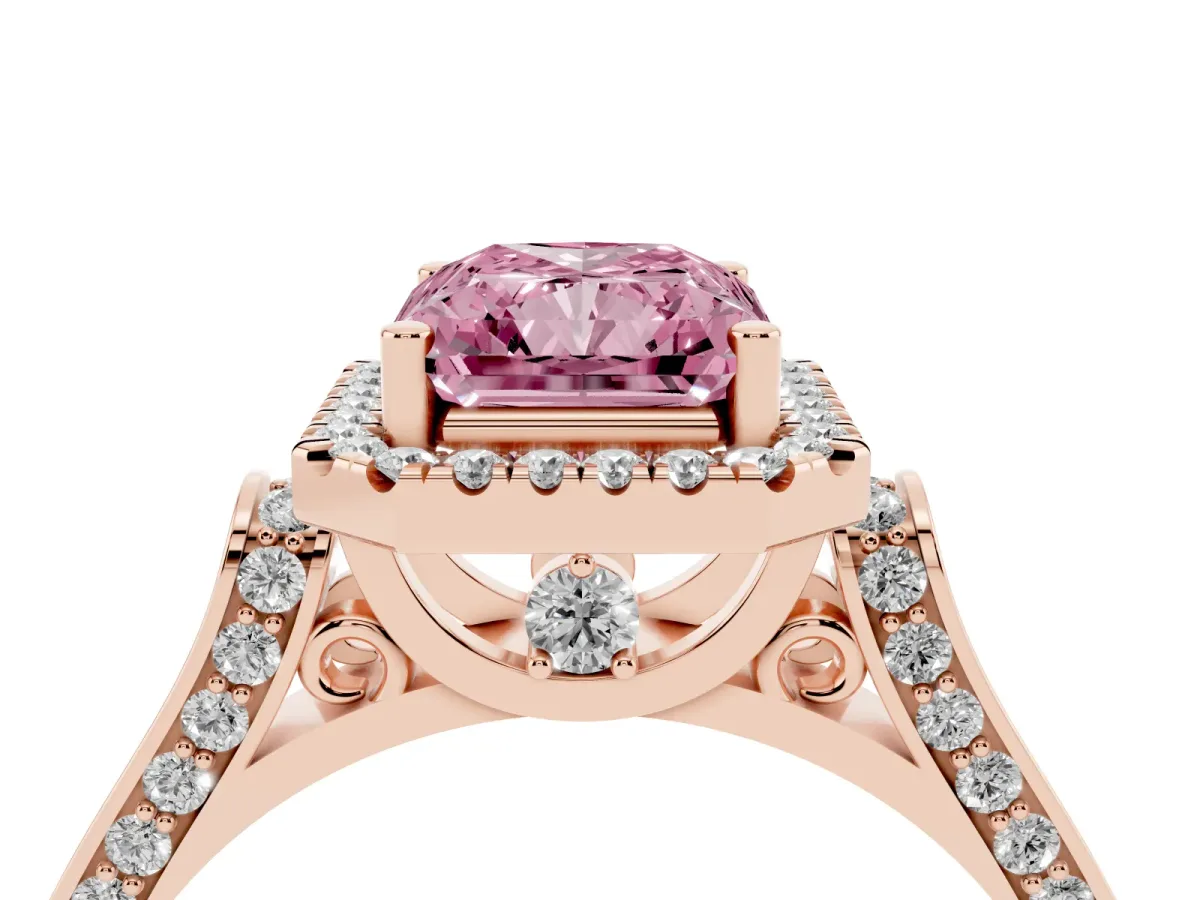 Fancy Pink Radiant Cut Halo Pave Split Shank Prong Setting Ring Rose gold