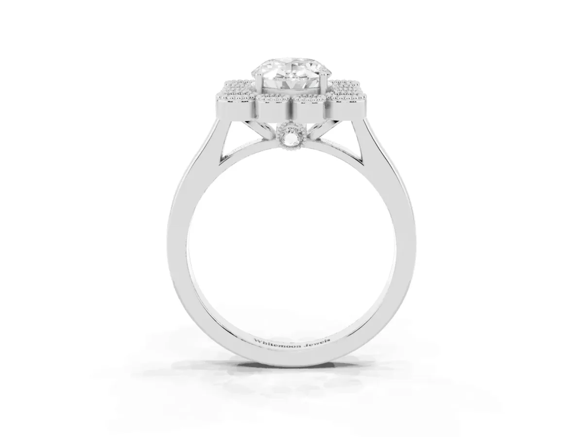 Oval Cut Halo Diamond Cluster Engagement Ring with Milgrain Bezel Setting and Solitaire Band White gold