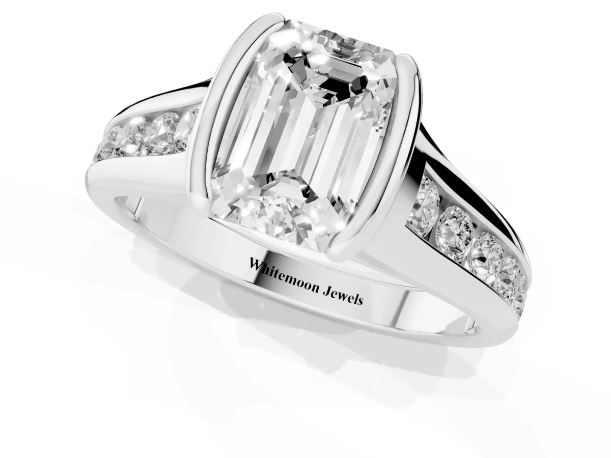 Emerald Cut Solitaire Bezel-Set Diamond Ring with Channel-Set Band Platinum