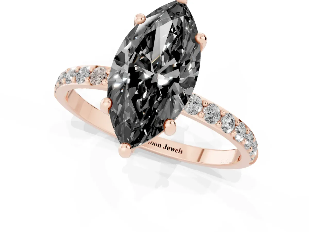 Fancy Black Marquise Cut Diamond Solitaire Ring with Round Pavé Band and Prong Setting Rose gold