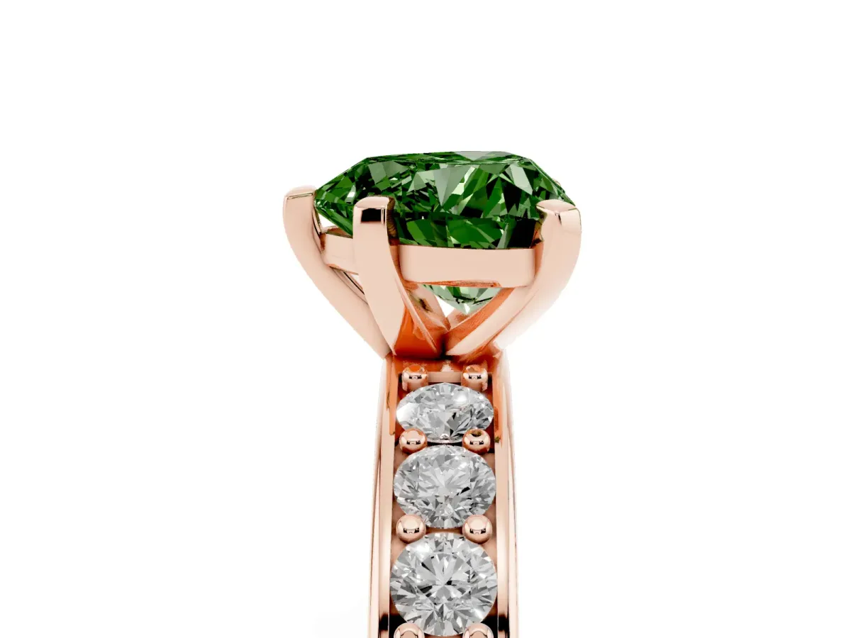 Fancy Green Heart Cut Diamond Engagement Ring with Channel Set Round Band and Prong Setting Rose gold