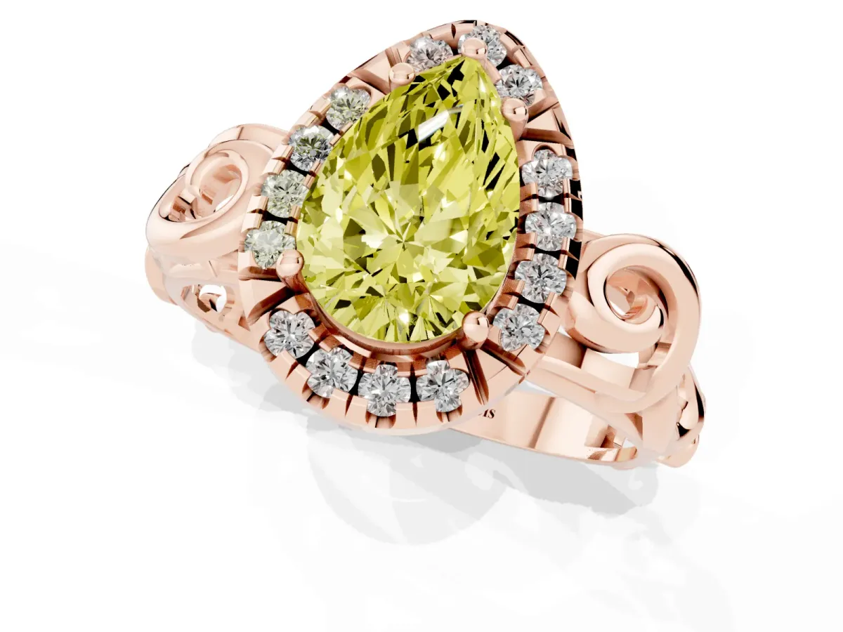 Fancy Yellow Pear Cut Cut Halo Diamond Ring with Scrollwork Band and Four-Prong Setting Rose gold
