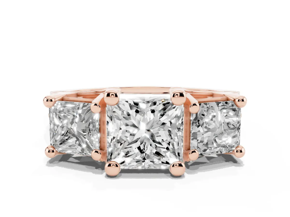 Princess Cut Diamond Three-Stone Ring with Channel Set Band and Four-Prong Setting Rose gold