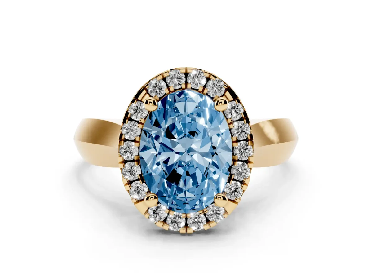Fancy Blue Oval Cut Cut Halo Solitaire Engagement Ring with Square Band and Four-Prong Setting Yellow gold