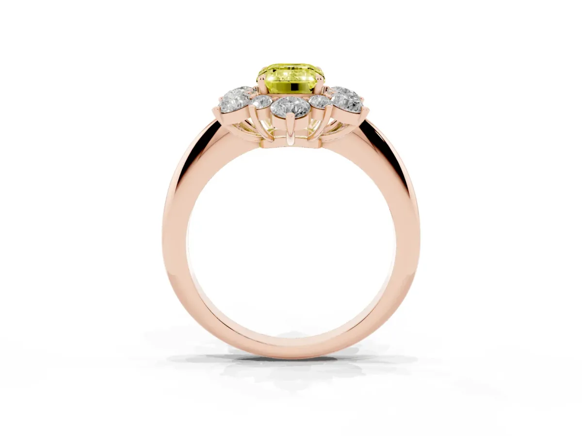 Fancy Yellow Emerald Cut Diamond Cluster Halo Ring with Solitaire Band and Four-Prong Setting Rose gold
