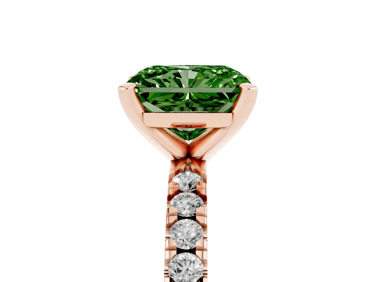 Fancy Green Radiant Cut Diamond Pavé Band Solitaire with Four-Prong Setting Rose gold