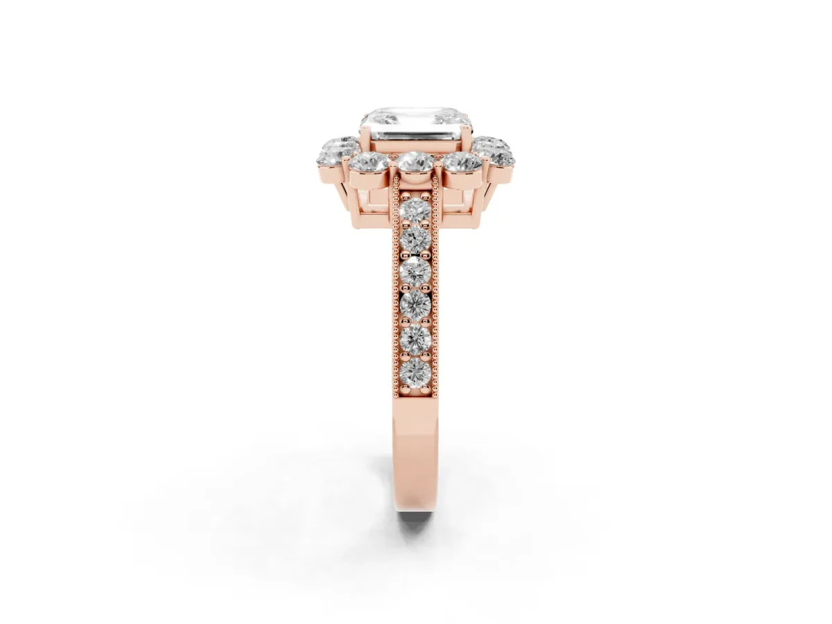 Asscher Cut Cut Halo Diamond Pavé Engagement Ring with Milgrain Detailing Rose gold