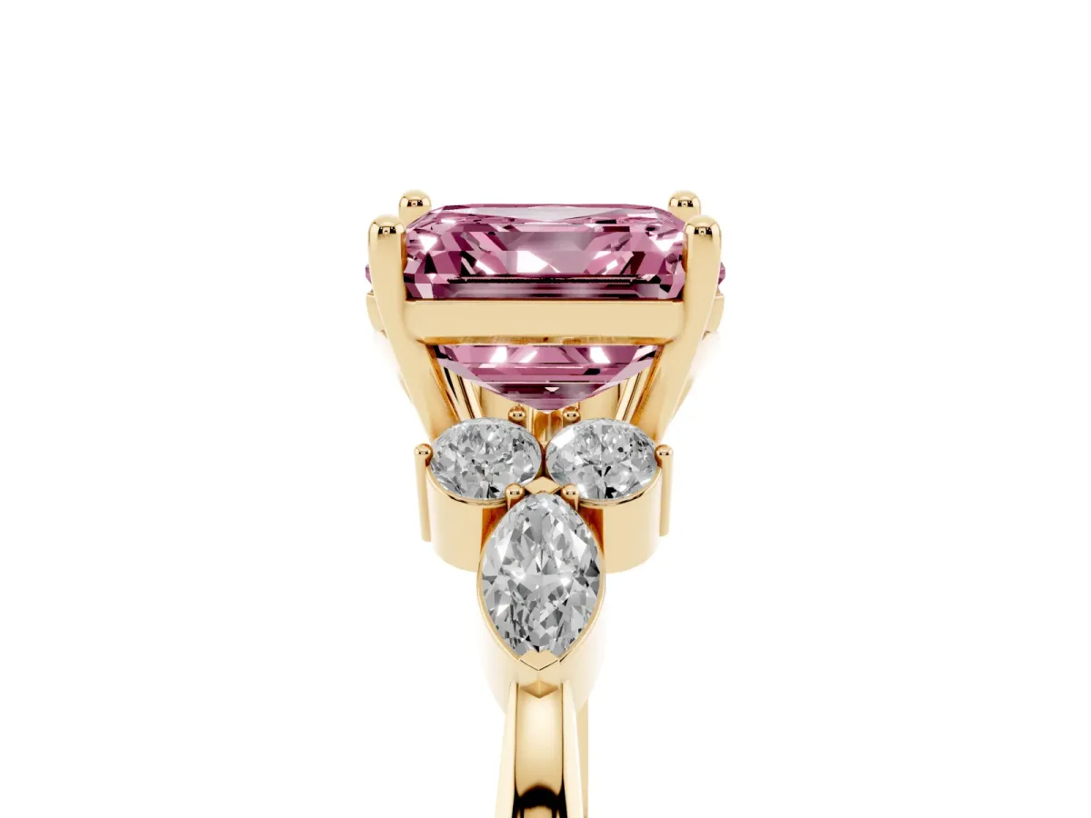Fancy Pink Asscher Cut Brilliant Diamond Solitaire Ring with Pear Side Stones and Four-Prong Setting Yellow gold
