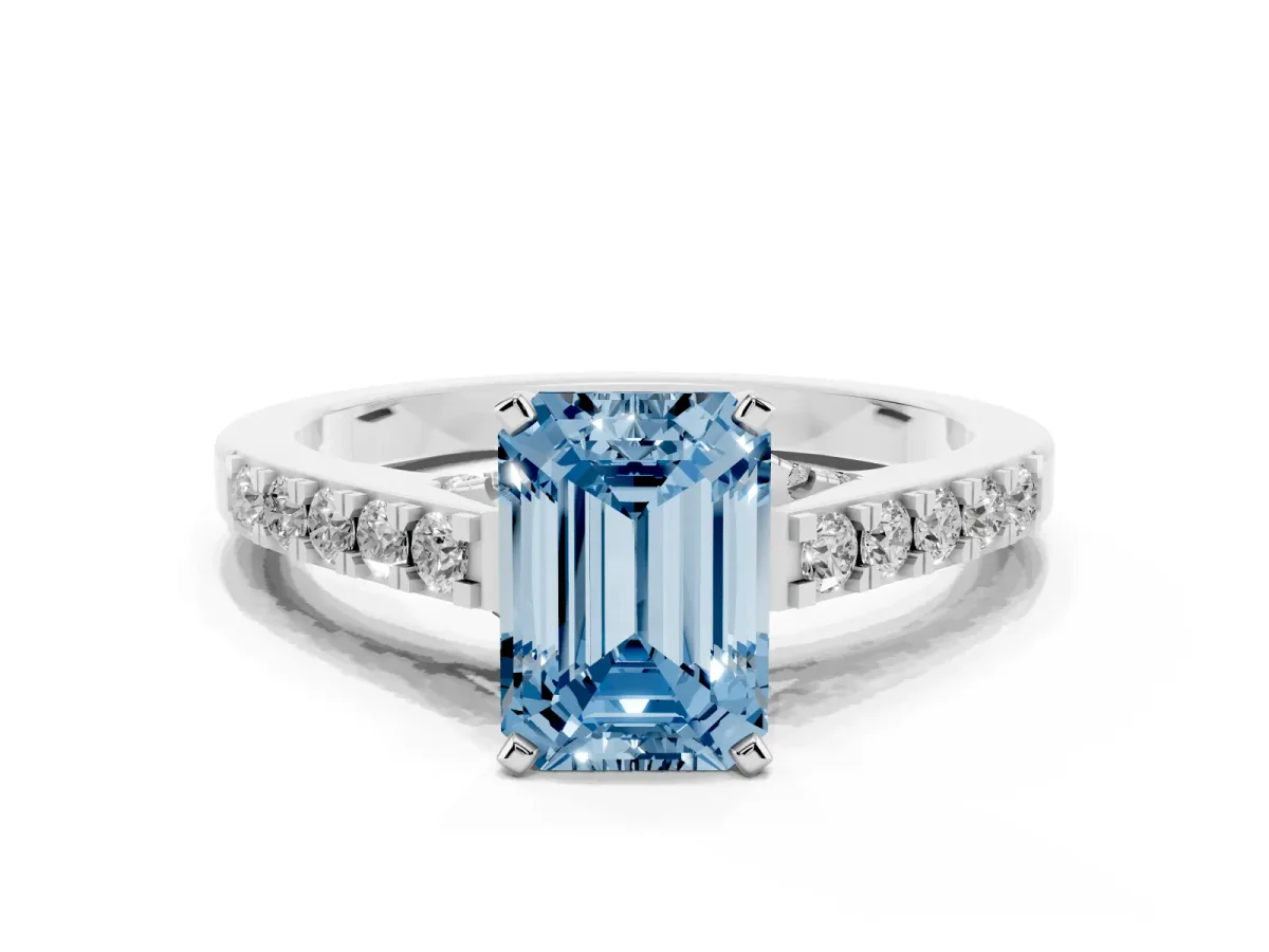 Fancy Blue Emerald Cut Diamond Solitaire Ring with Crossover Gallery and Round Pavé Band Platinum