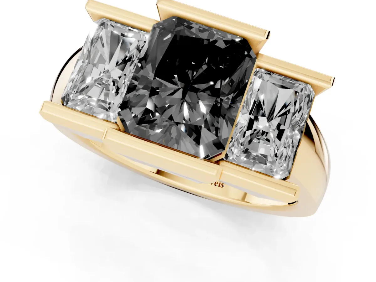 Fancy Black Three Stone Radiant Cut Cut Channel Set Diamond Ring Yellow gold