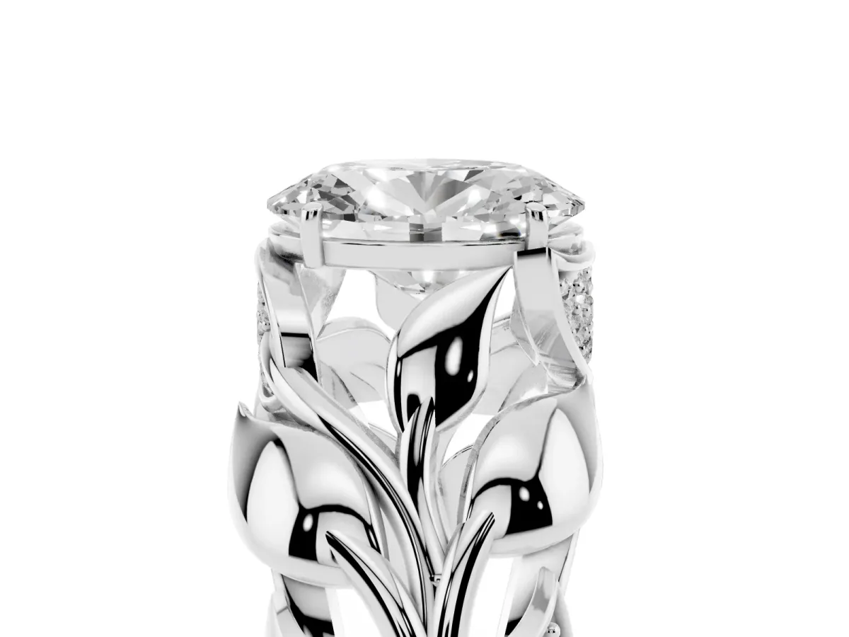 Oval Cut Diamond Leaf-Inspired Engagement Ring with Round Accents and Prong Setting Silver