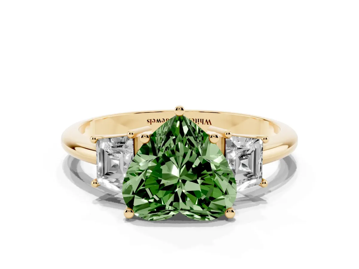 Fancy Green Heart Cut Diamond Three-Stone Ring with Trapezoid Side Stones and Prong Setting Yellow gold