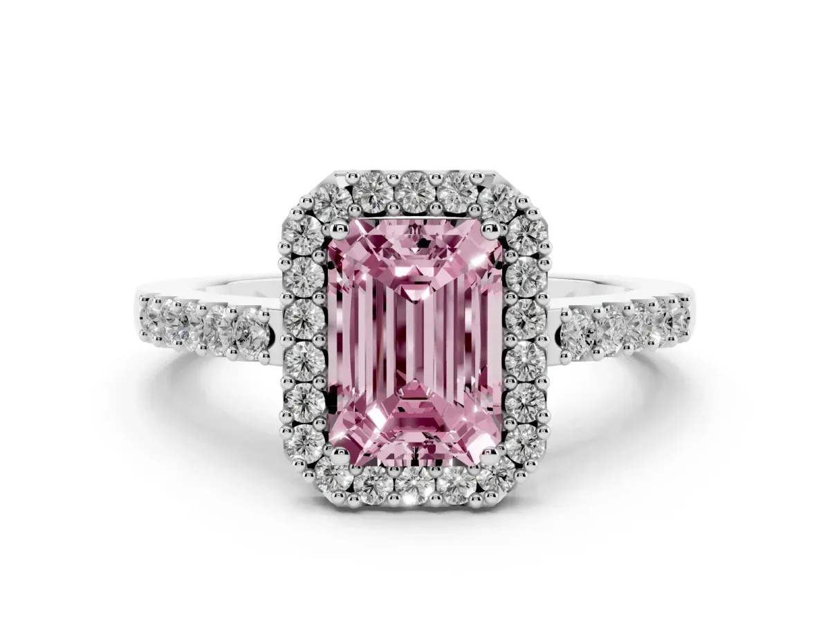 Fancy Pink Emerald Cut Halo Diamond Pavé Solitaire Ring Platinum
