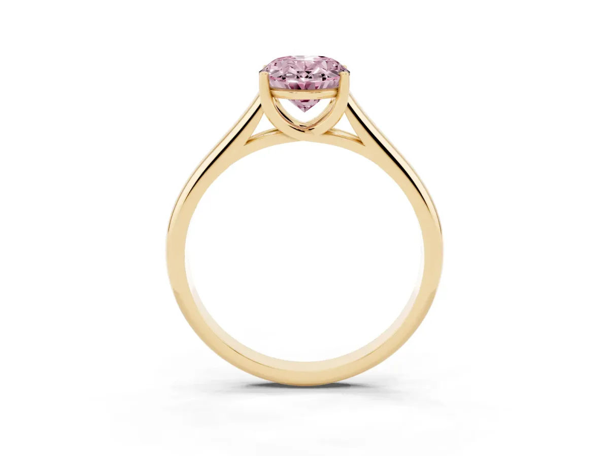 Fancy Pink Oval Cut Solitaire Engagement Ring with Tapered Band and Four-Prong Setting Yellow gold