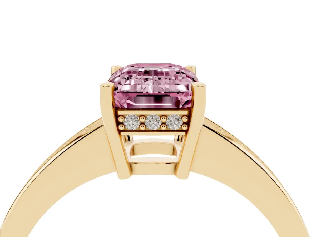 Fancy Pink Emerald Cut Solitaire Pavé Band Prong Setting Ring Yellow gold