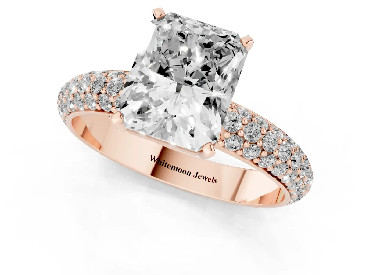 Radiant Cut Diamond Solitaire Ring with Prong Setting and Pavé Band Rose gold