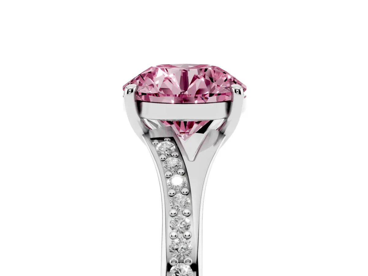 Fancy Pink Round Cut Diamond Solitaire Ring with Pavé Band and Prong Setting Silver