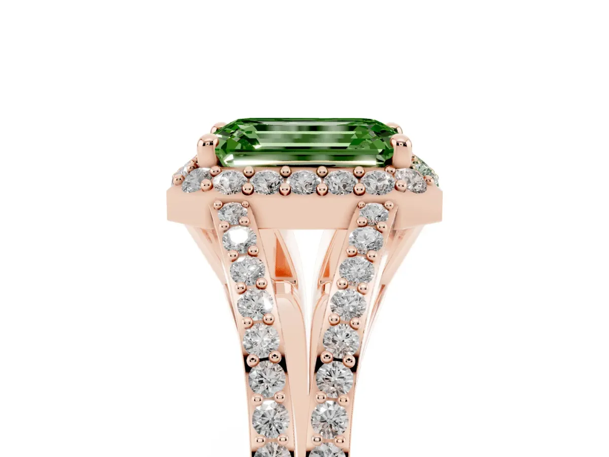 Fancy Green Emerald Cut Halo Split Shank Pave Diamond Ring with Four-Prong Setting Rose gold