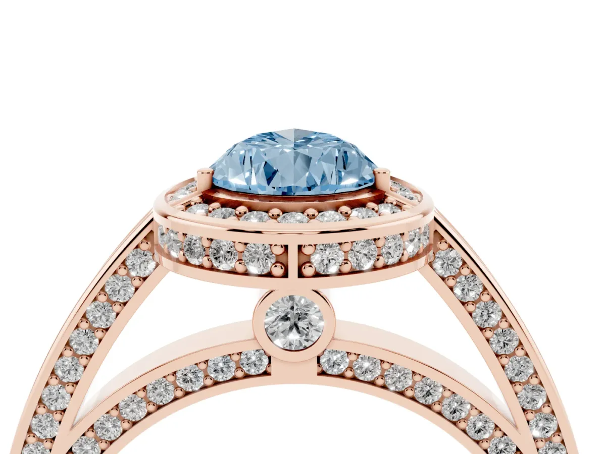 Fancy Blue Pear Cut Cut Halo Pave Split Shank Prong Setting Ring Rose gold